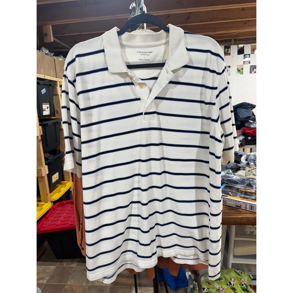 Croft & Barrow Performance Mens Large White Navy Blue Striped Pique Polo Shirt